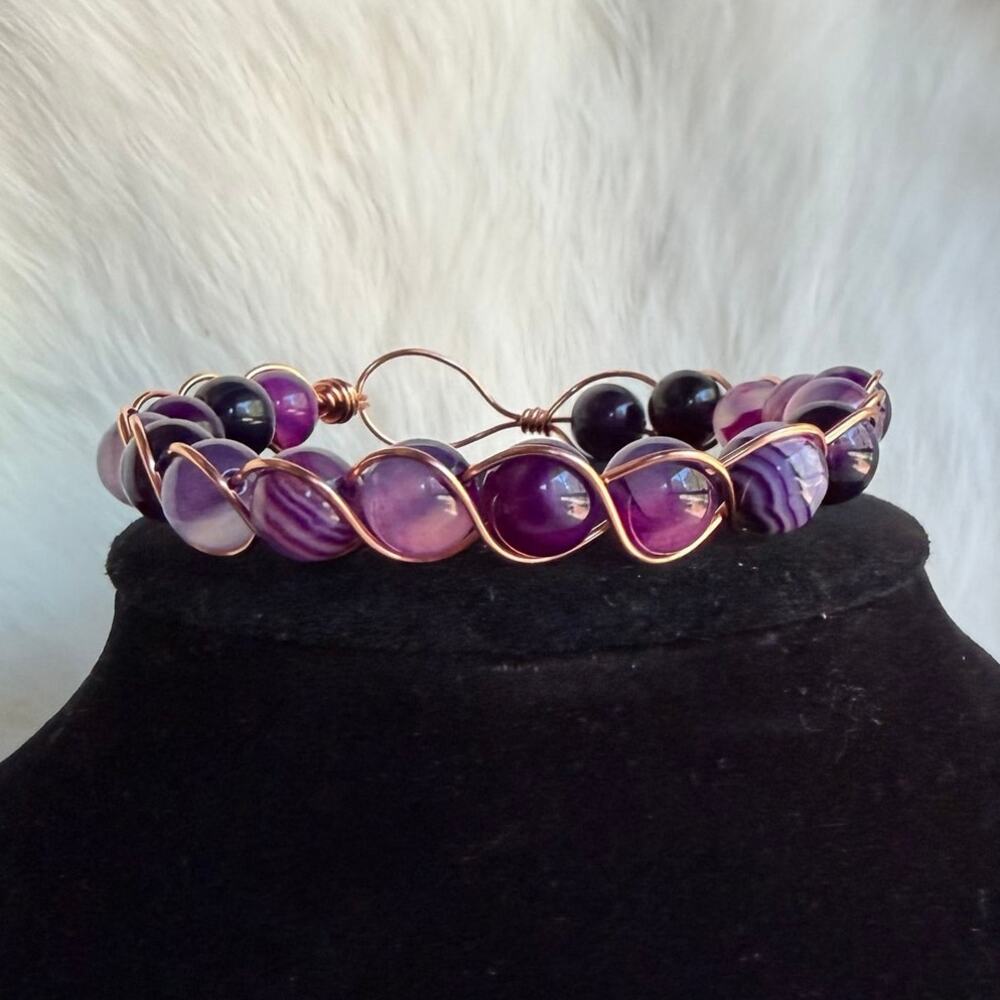 Purple agate bracelet braided copper wire wrapped handmade